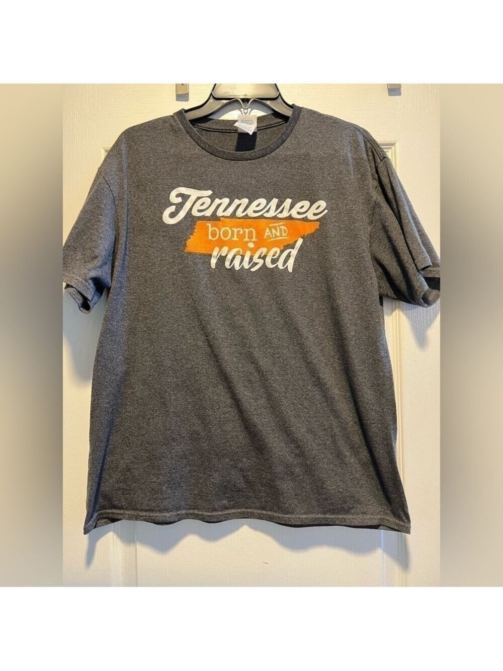Women’s Tennessee Born and Raised short sleeve T-shirt.  Gray/Orange/white Large